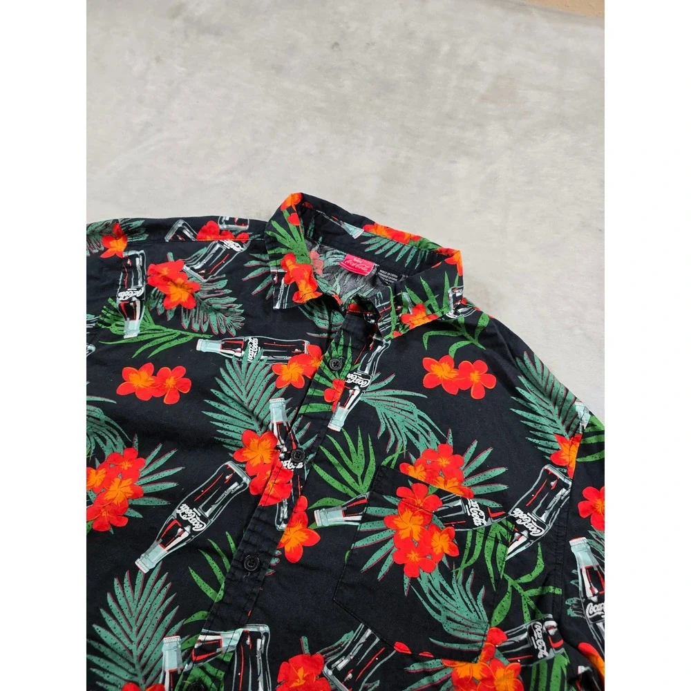 Coca-Cola Camp Shirt Mens Large Black Tropical Aloha Floral Button Vintage